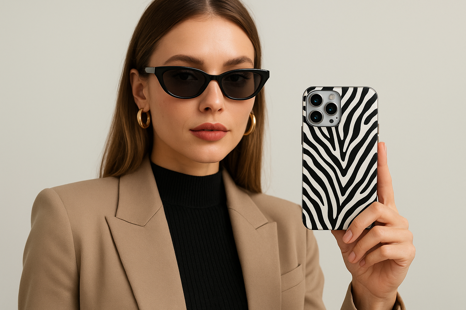 a fashionable lady holding a animal print iphone case